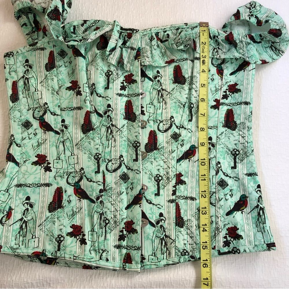 Corset Story Top UK 18 US 14 Novelty Rockabilly Turquoise Ruffle Bird Butterfly - Picture 11 of 15